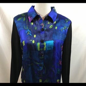 St John Coll black knit button down, blue & purple